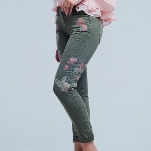 JEANS - Khaki Green, Skinny Pants, Floral Embroidery by Q2